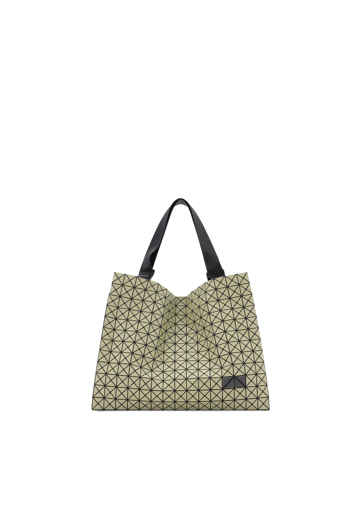 Zoomed view The CART MINI by BAO BAO ISSEY MIYAKE, a beige lightweight tote with a geometric triangular grid pattern and black handles, is shown against a plain white background. - OLIVE （no.68）