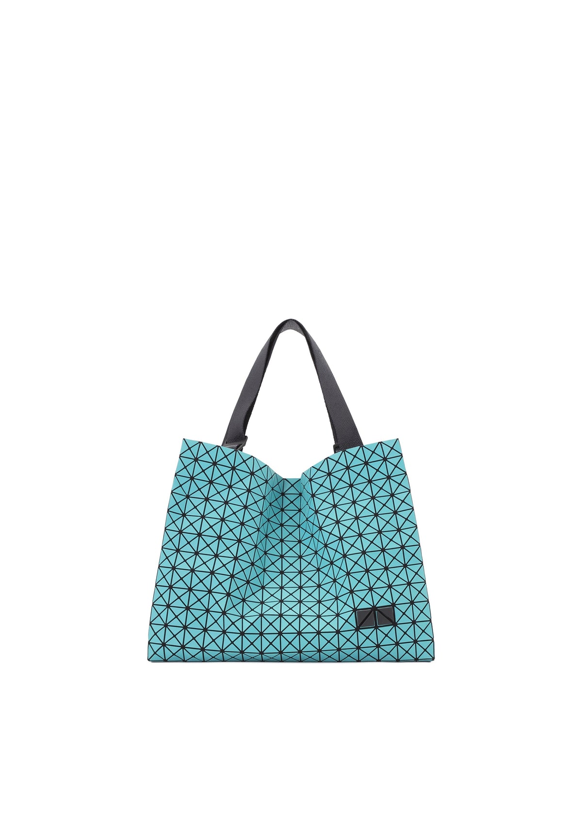 The CART MINI by BAO BAO ISSEY MIYAKE is a turquoise geometric lightweight tote with black triangular patterns and two black handles, shown on a white background. view 3 of 10
