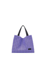 The CART MINI by BAO BAO ISSEY MIYAKE is a lightweight lavender geometric tote with black triangular patterns, two black handles, and a small black label in the lower right corner, shown on a white background. - PURPLE （no.81）