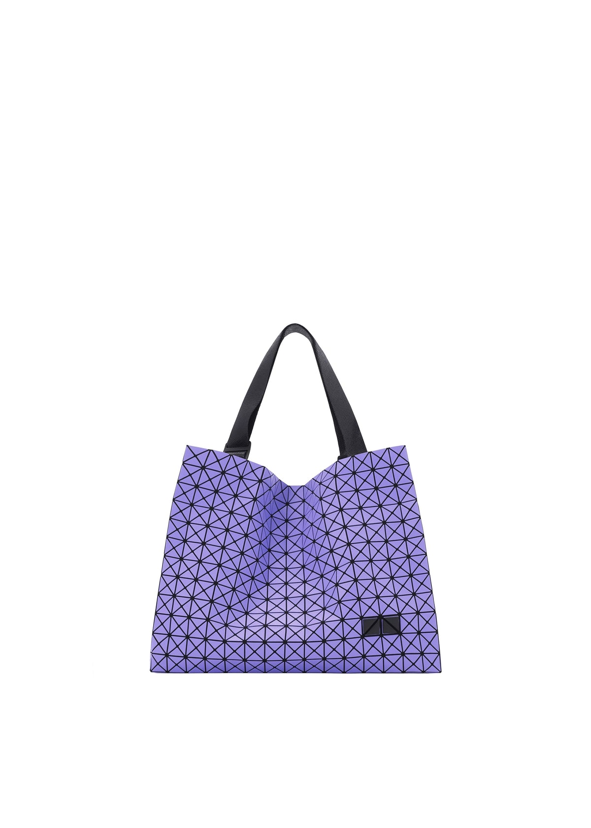 Zoomed view The CART MINI by BAO BAO ISSEY MIYAKE is a lightweight lavender geometric tote with black triangular patterns, two black handles, and a small black label in the lower right corner, shown on a white background. - PURPLE （no.81）