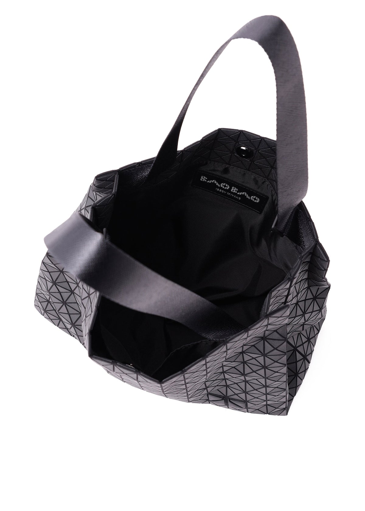 Zoomed view The CART MINI by BAO BAO ISSEY MIYAKE is a black geometric-patterned lightweight tote with two handles, shown from above with its open interior visible.