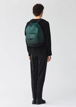 A person with curly hair, dressed in black pants and a black top, stands facing away. They are wearing the BAO BAO ISSEY MIYAKE DAYPACK GRADUAL—a green patterned backpack with black straps that creates a three-dimensional effect. The background is plain and light-colored.
