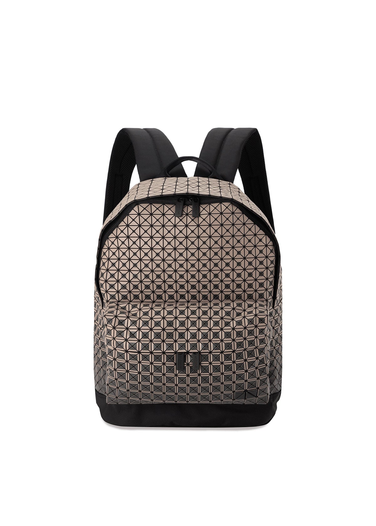 Front view of a stylish BAO BAO ISSEY MIYAKE DAYPACK GRADUAL backpack featuring a geometric, triangle-patterned beige and black design that creates a striking three-dimensional shape, complete with black straps and a zippered top opening. view 2 of 7