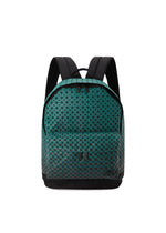 A teal geometric-patterned DAYPACK GRADUAL backpack from BAO BAO ISSEY MIYAKE, featuring black straps and a black base, is shown against a white background. The backpack displays a grid of small triangular shapes across its surface, creating a subtle three-dimensional shape effect. - VIRIDIAN （no.69）