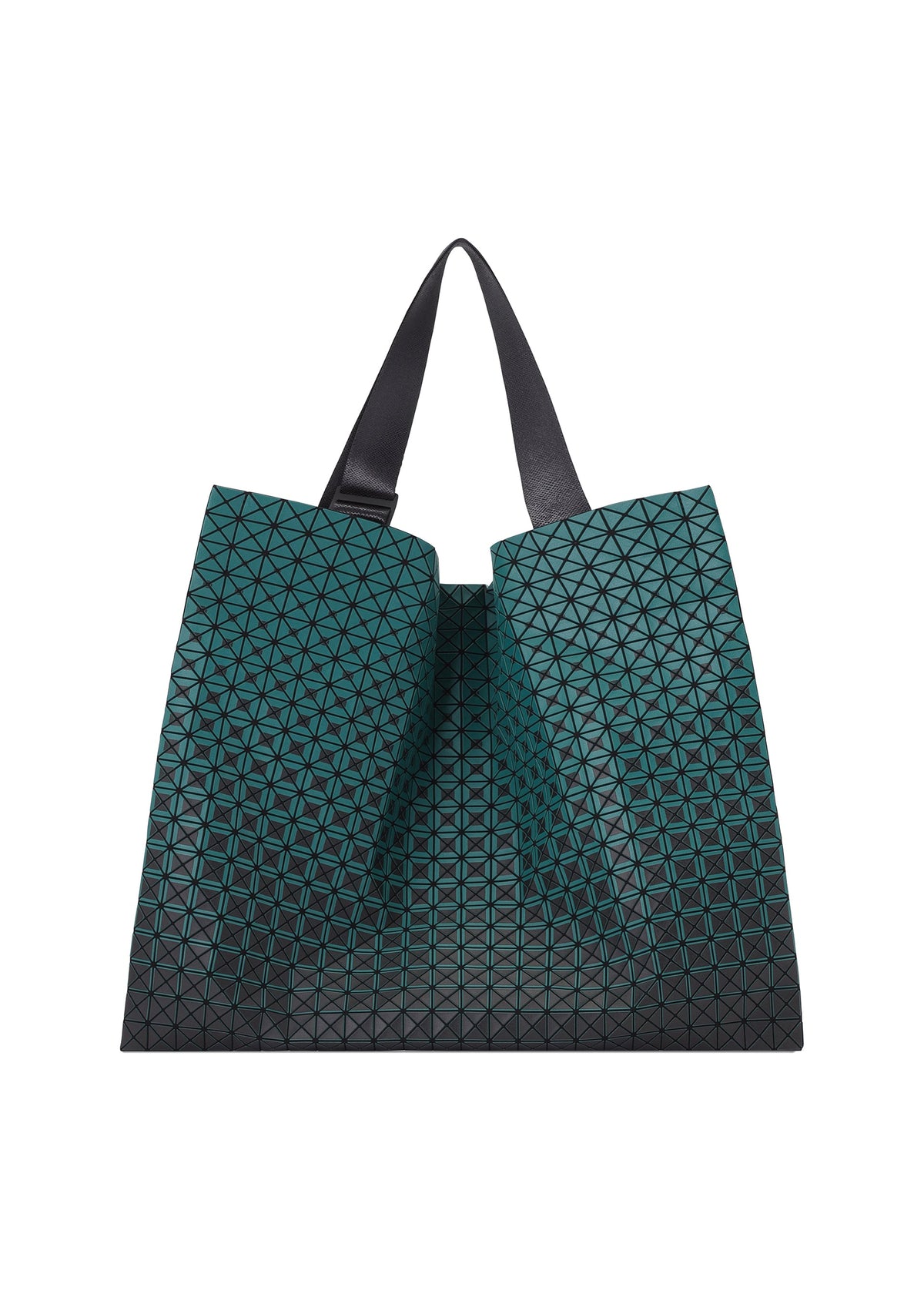 The BAO BAO ISSEY MIYAKE CART GRADUAL tote bag is a geometric, teal and black accessory featuring signature triangular patterns, a soft structure, and two adjustable black shoulder straps—ideal for carrying A4-sized documents—shown against a white background. view 3 of 8
