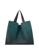 The BAO BAO ISSEY MIYAKE CART GRADUAL tote bag is a geometric, teal and black accessory featuring signature triangular patterns, a soft structure, and two adjustable black shoulder straps—ideal for carrying A4-sized documents—shown against a white background. - VIRIDIAN （no.69）