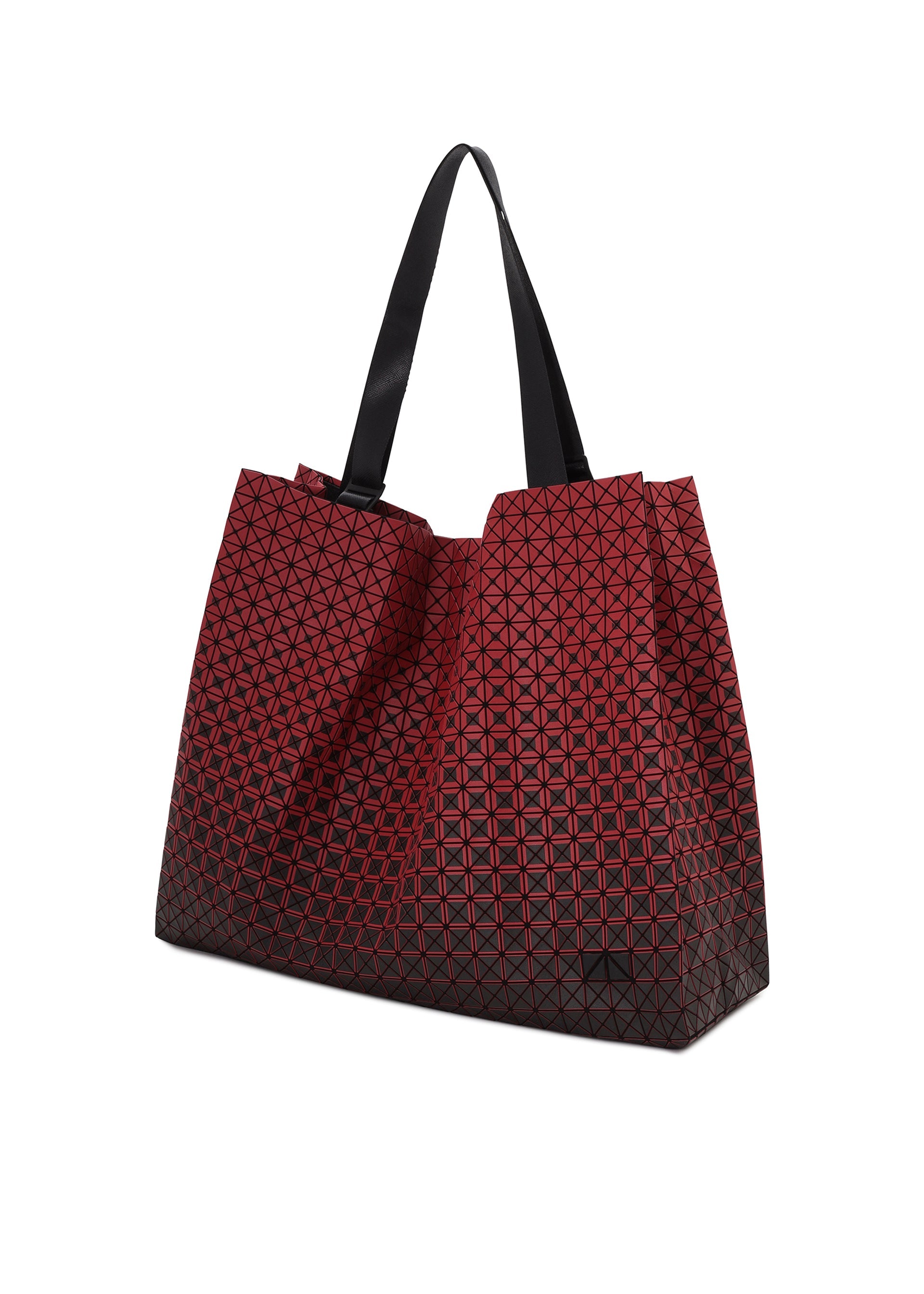 Zoomed view Introducing the CART GRADUAL tote from BAO BAO ISSEY MIYAKE—a spacious bag with adjustable black handles, showcasing a striking geometric triangular grid design in red and black hues. Perfectly sized to stylishly carry your A4 documents.
