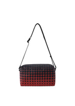 The SADDLE BAG GRADUAL from BAO BAO ISSEY MIYAKE is a rectangular shoulder bag featuring an adjustable black strap and an eye-catching geometric grid pattern with a graphic gradation that transitions from black at the top to red at the bottom. - RED （no.24）