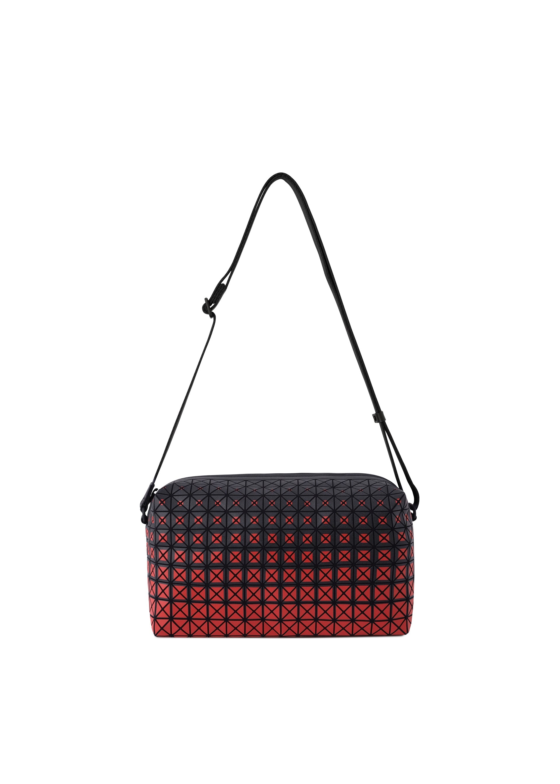 Zoomed view The SADDLE BAG GRADUAL from BAO BAO ISSEY MIYAKE is a rectangular shoulder bag featuring an adjustable black strap and an eye-catching geometric grid pattern with a graphic gradation that transitions from black at the top to red at the bottom. - RED （no.24）