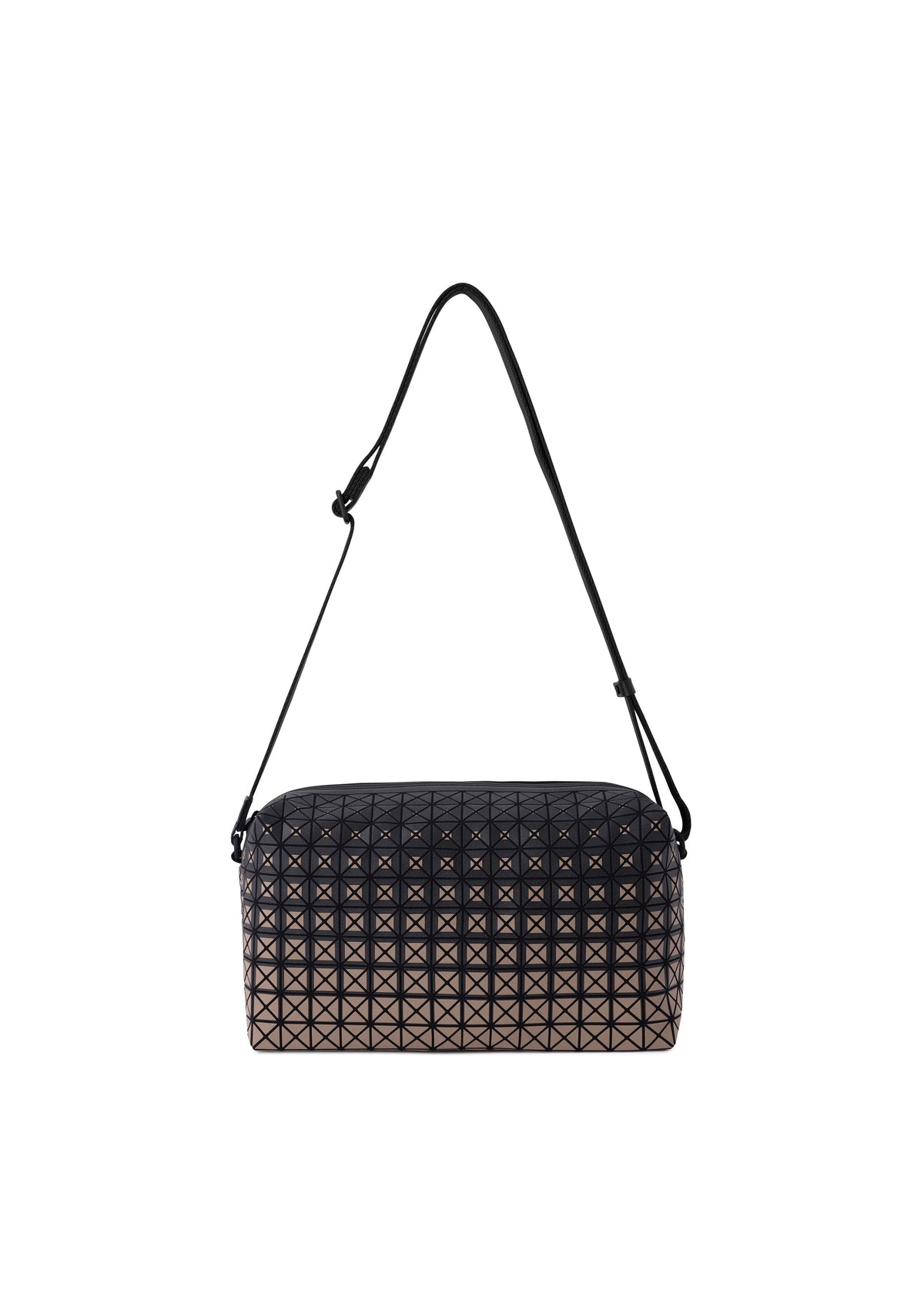 A black, box-shaped SADDLE BAG GRADUAL from BAO BAO ISSEY MIYAKE’s KURO series showcases a striking geometric pattern with graphic gradation, complemented by an adjustable strap and displayed against a plain white background. view 2 of 8