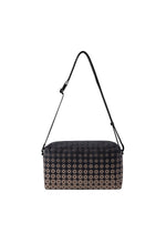 A black, box-shaped SADDLE BAG GRADUAL from BAO BAO ISSEY MIYAKE’s KURO series showcases a striking geometric pattern with graphic gradation, complemented by an adjustable strap and displayed against a plain white background. - BEIGE （no.41）