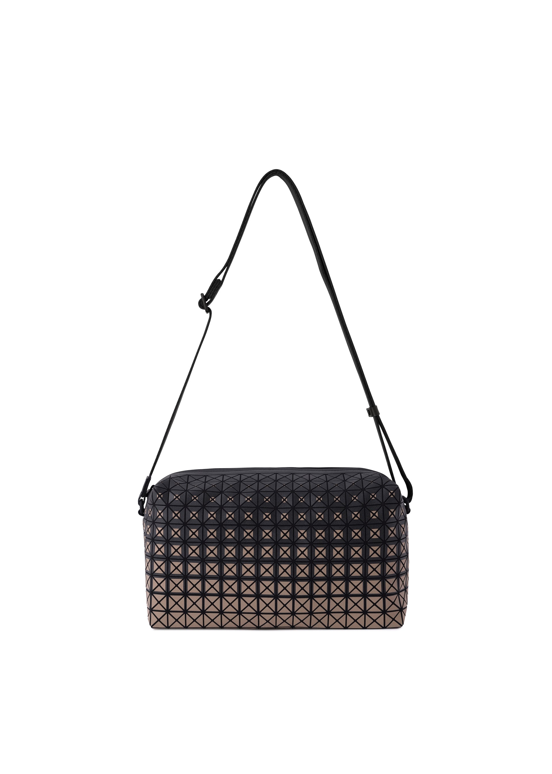 Zoomed view A black, box-shaped SADDLE BAG GRADUAL from BAO BAO ISSEY MIYAKE’s KURO series showcases a striking geometric pattern with graphic gradation, complemented by an adjustable strap and displayed against a plain white background. - BEIGE （no.41）
