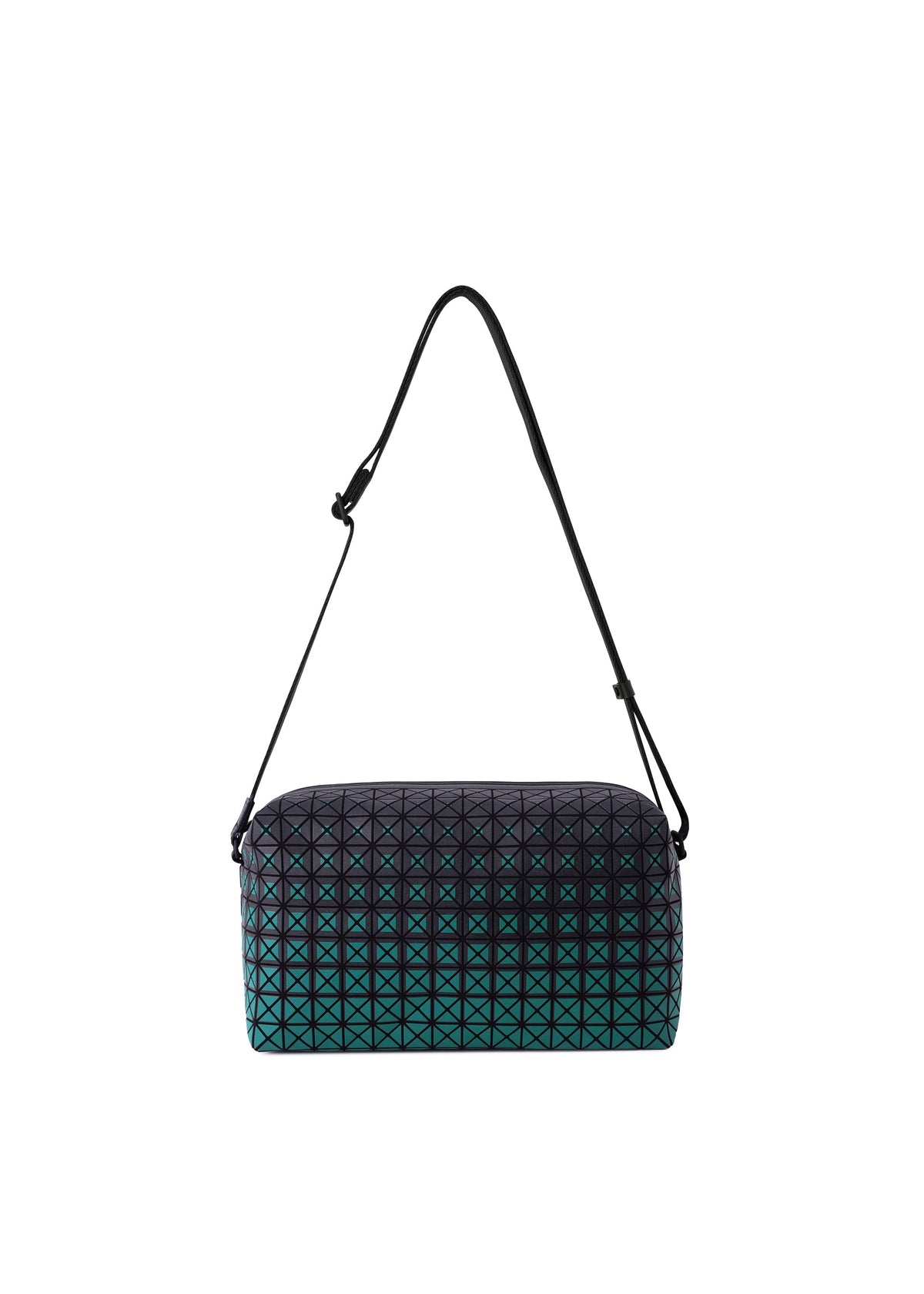 Introducing the SADDLE BAG GRADUAL from BAO BAO ISSEY MIYAKE. This boxy shoulder bag displays a bold geometric pattern and graphic gradation, with the design seamlessly transitioning from black at the top to teal at the base. An adjustable black strap offers versatile styling options. view 3 of 8