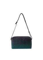 Introducing the SADDLE BAG GRADUAL from BAO BAO ISSEY MIYAKE. This boxy shoulder bag displays a bold geometric pattern and graphic gradation, with the design seamlessly transitioning from black at the top to teal at the base. An adjustable black strap offers versatile styling options. - VIRIDIAN （no.69）