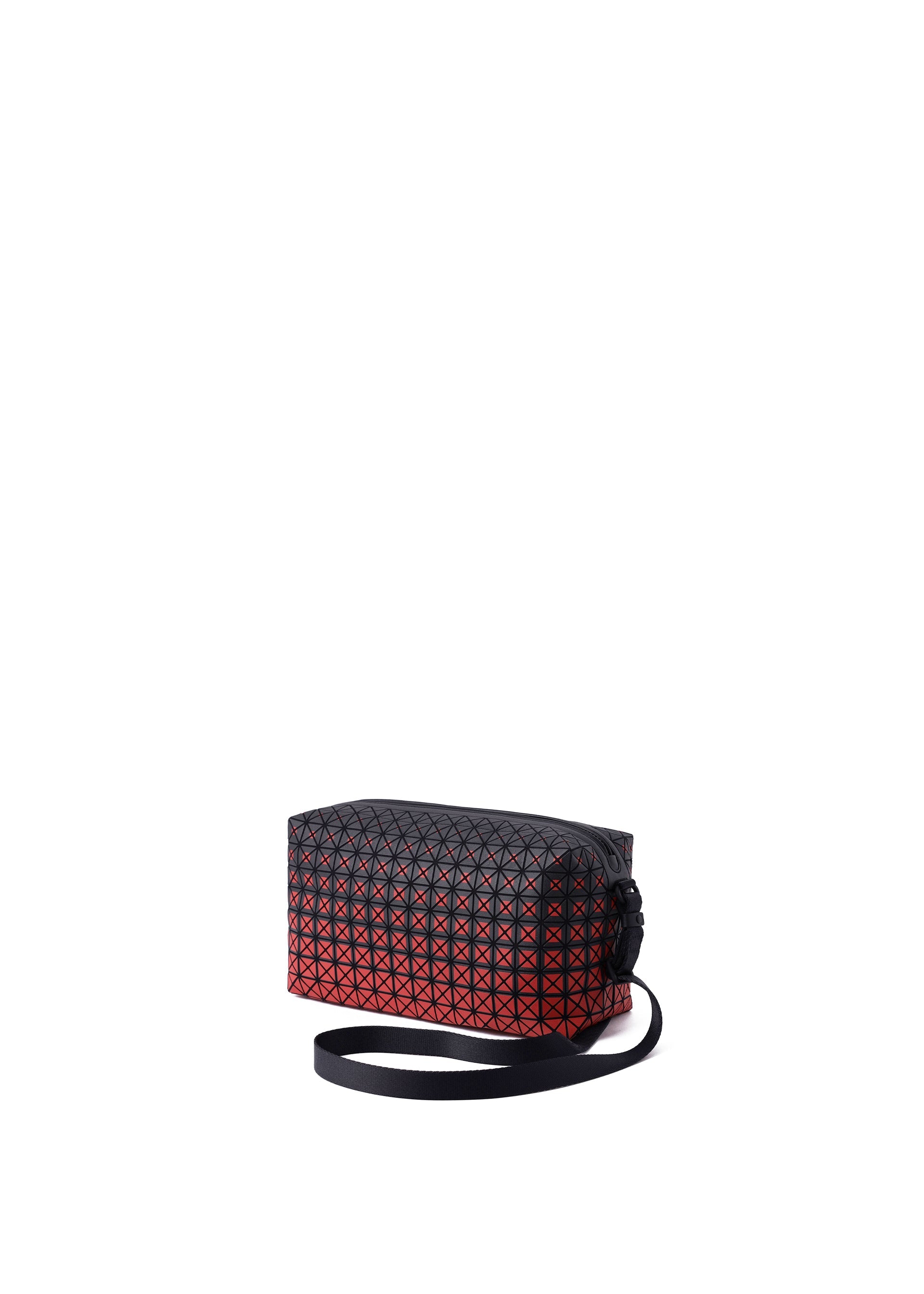 Zoomed view A compact, rectangular shoulder bag from the BAO BAO ISSEY MIYAKE SADDLE BAG GRADUAL series showcases a bold black and red geometric triangular pattern with graphic gradation, finished with a long black strap and set against a white background.