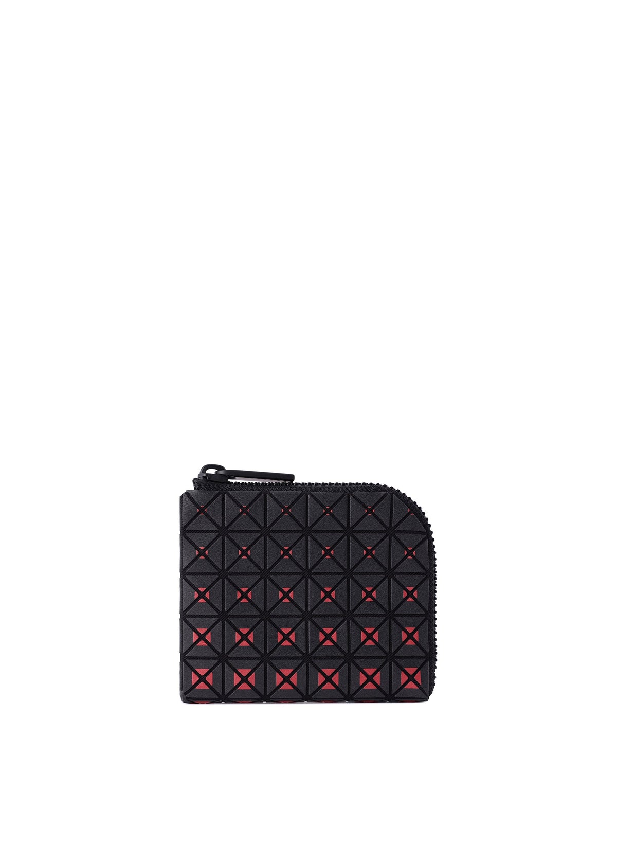 A compact black CLAM WALLET GRADUAL by BAO BAO ISSEY MIYAKE, designed with an L-shaped zipper and a three-dimensional geometric grid pattern highlighted by subtle red accents visible through the textured indented squares. view 1 of 8