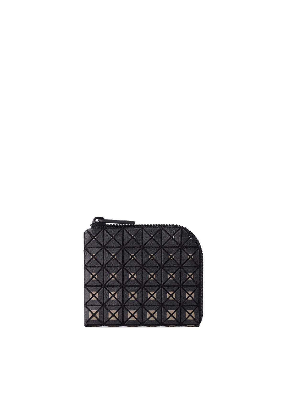 The CLAM WALLET GRADUAL by BAO BAO ISSEY MIYAKE is a black zippered mini wallet featuring a geometric, raised pyramid pattern. It has an L-shaped zipper with the pull visible on the left side, shown against a white background. view 3 of 8