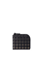 The CLAM WALLET GRADUAL by BAO BAO ISSEY MIYAKE is a black zippered mini wallet featuring a geometric, raised pyramid pattern. It has an L-shaped zipper with the pull visible on the left side, shown against a white background. - BEIGE （no.41）