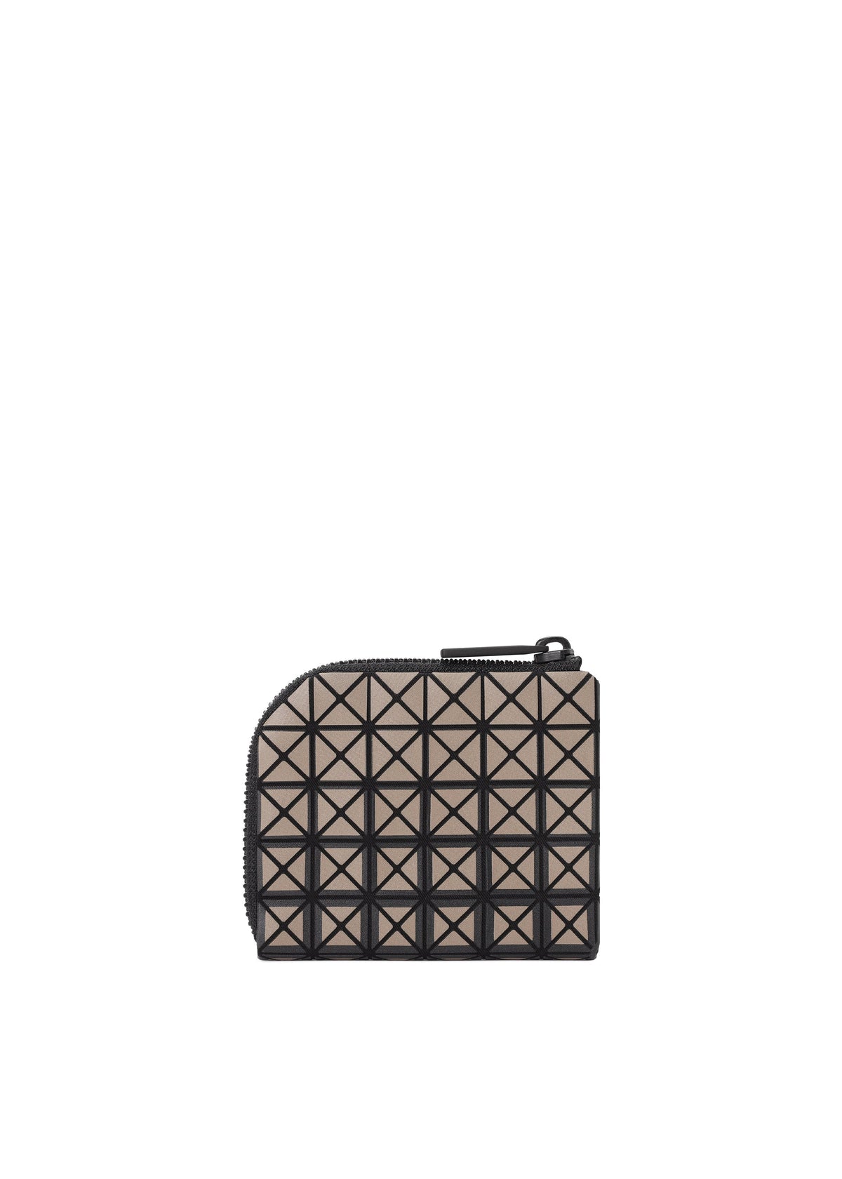 The CLAM WALLET GRADUAL by BAO BAO ISSEY MIYAKE is a small beige mini wallet featuring a geometric triangular pattern with black outlines and an L-shaped zipper closure on top, photographed against a white background. view 4 of 8