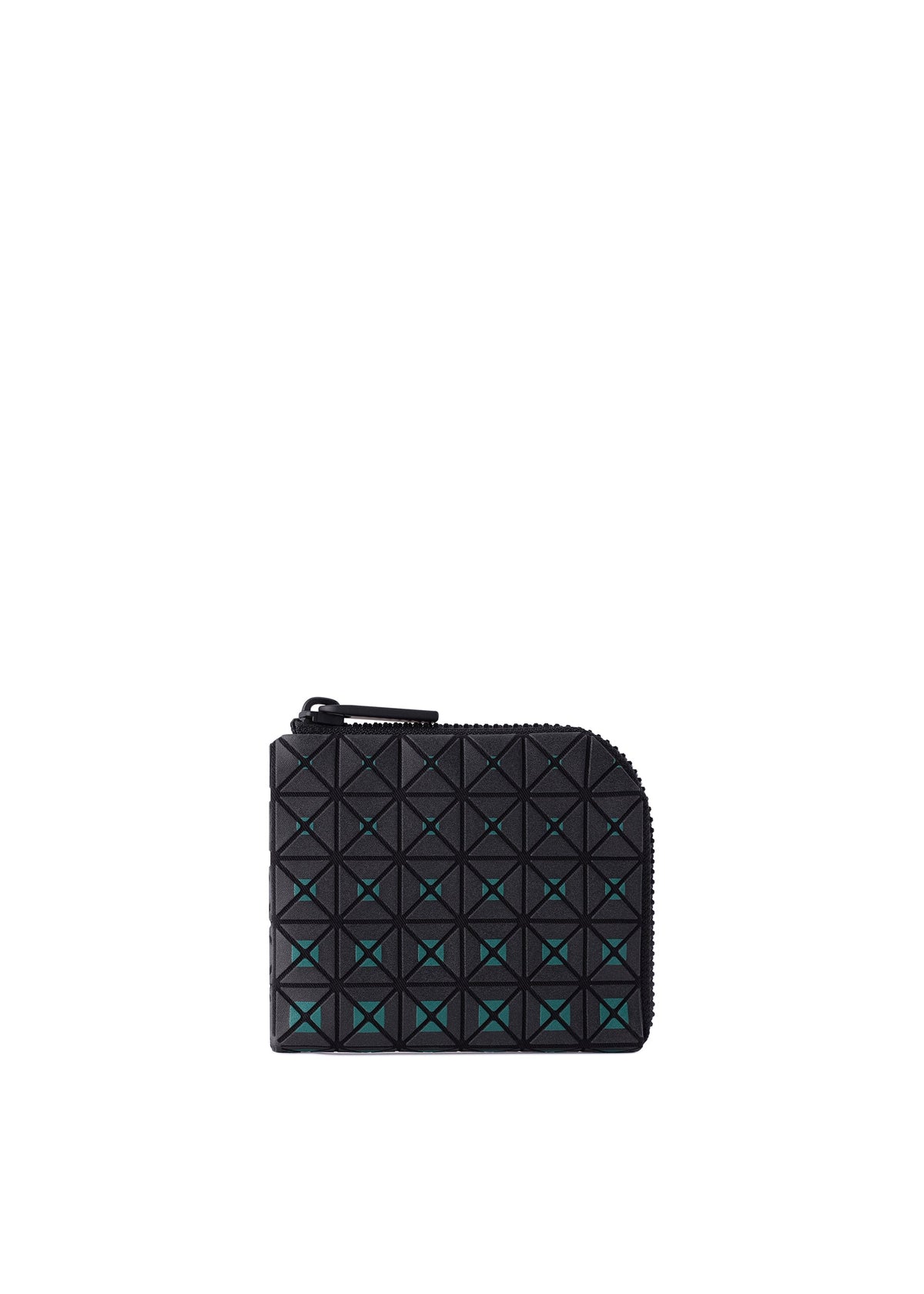 Introducing the CLAM WALLET GRADUAL from BAO BAO ISSEY MIYAKE—a sleek black mini wallet distinguished by its grid of raised pyramid studs and an L-shaped zipper along the top and right edge. Subtle turquoise accents peek between the studs, combining practicality with modern style in this chic coin case. view 5 of 8