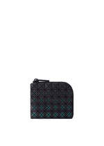 Introducing the CLAM WALLET GRADUAL from BAO BAO ISSEY MIYAKE—a sleek black mini wallet distinguished by its grid of raised pyramid studs and an L-shaped zipper along the top and right edge. Subtle turquoise accents peek between the studs, combining practicality with modern style in this chic coin case. - VIRIDIAN （no.69）