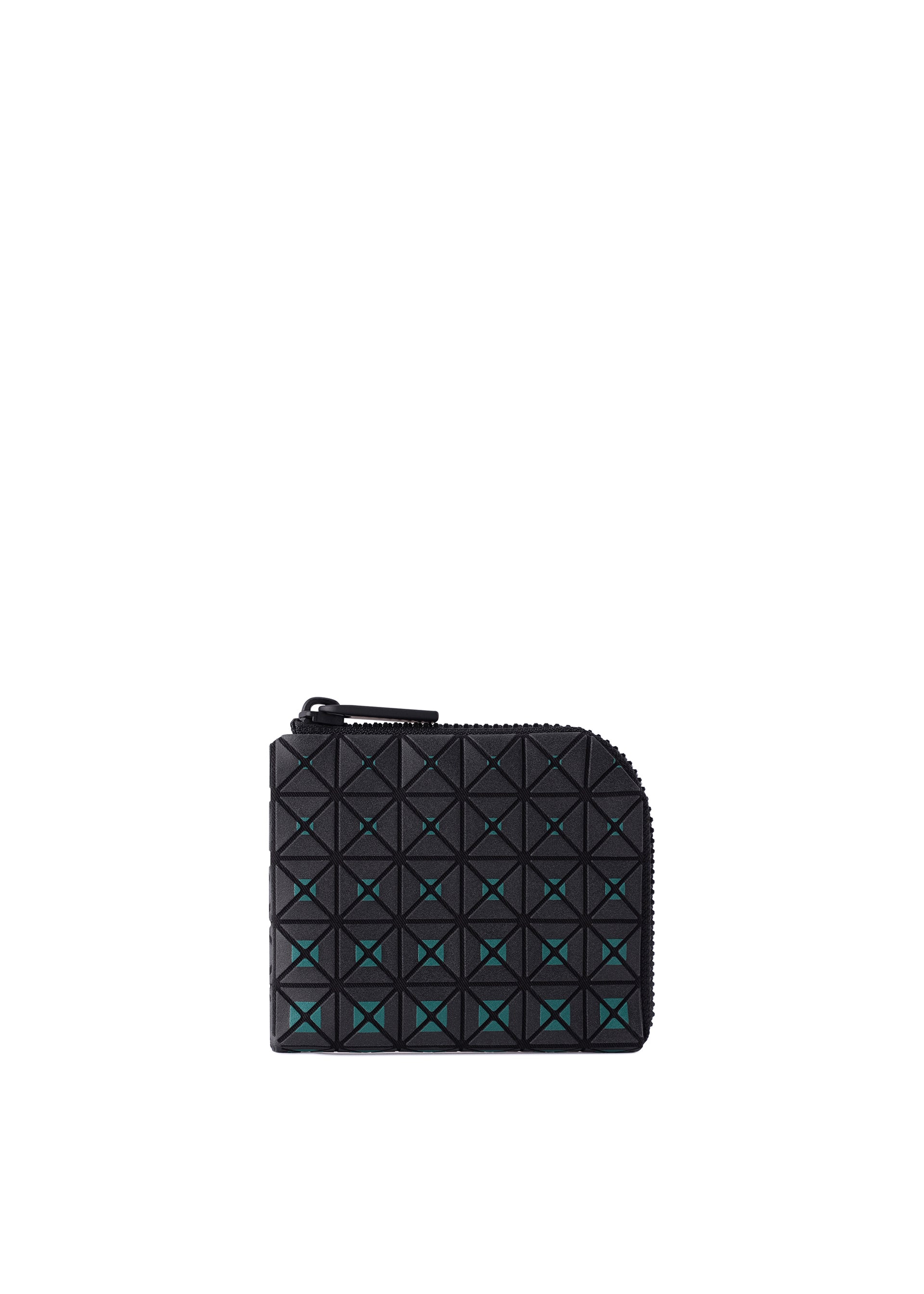 Zoomed view Introducing the CLAM WALLET GRADUAL from BAO BAO ISSEY MIYAKE—a sleek black mini wallet distinguished by its grid of raised pyramid studs and an L-shaped zipper along the top and right edge. Subtle turquoise accents peek between the studs, combining practicality with modern style in this chic coin case. - VIRIDIAN （no.69）