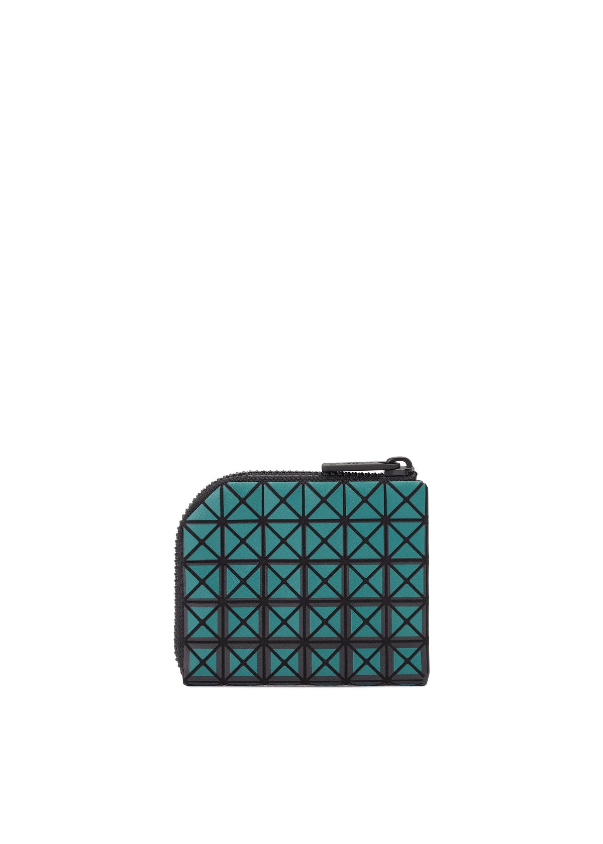 The CLAM WALLET GRADUAL by BAO BAO ISSEY MIYAKE is a compact, square mini wallet featuring a teal and black geometric grid pattern with distinctive triangle shapes and an L-shaped zipper along the top and left sides—making it a stylish choice for carrying coins. view 6 of 8