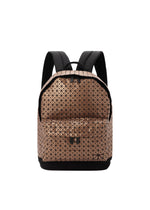 The DAYPACK REFLECTOR by BAO BAO ISSEY MIYAKE is a 3D backpack with geometric patterns, a metallic bronze finish, black adjustable straps, a front zipper pocket, and a black base, shown on a plain white background. - COPPER BROWN （no.39）