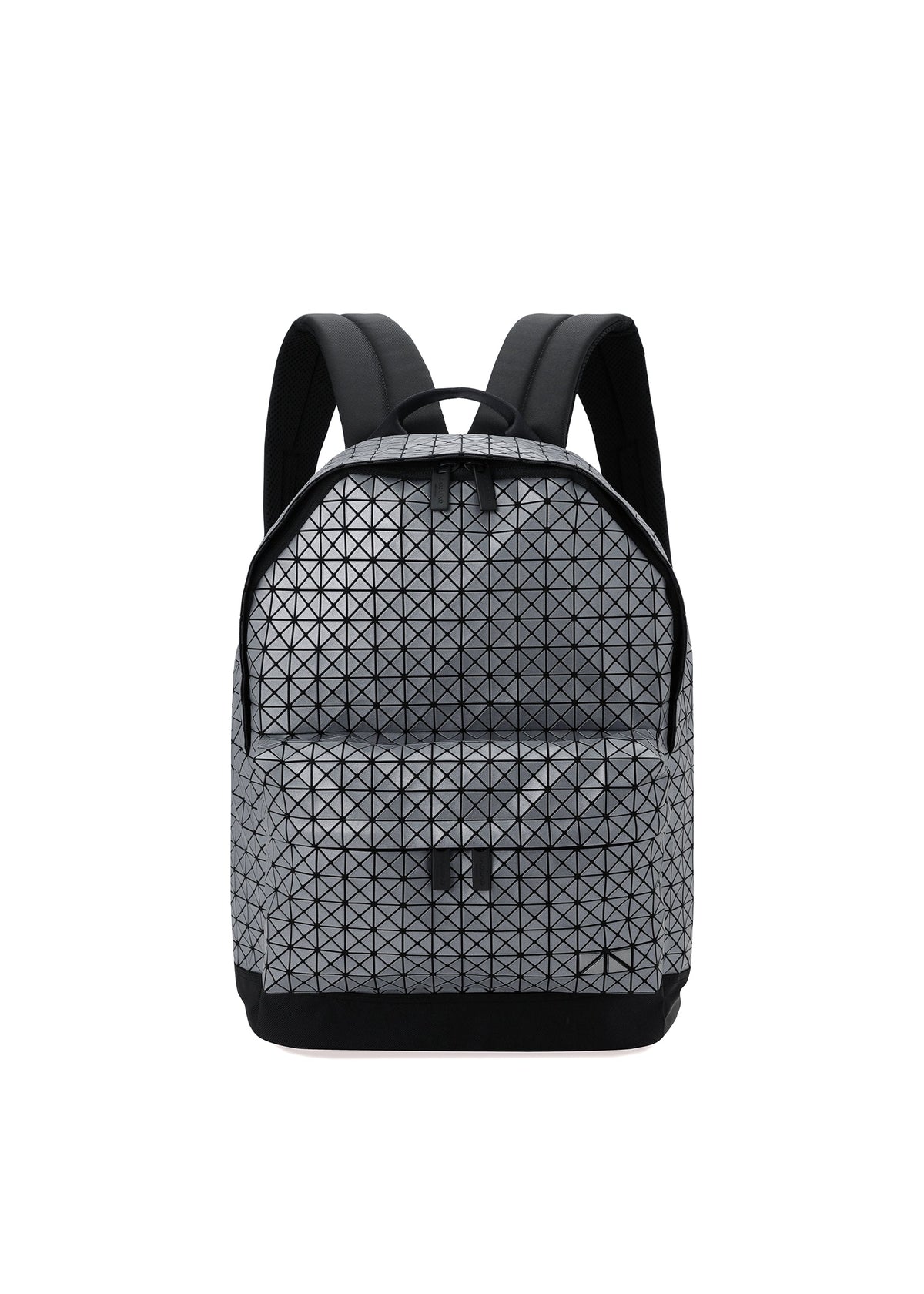 The BAO BAO ISSEY MIYAKE DAYPACK REFLECTOR is a modern 3D backpack with a geometric grey and black triangular pattern, padded shoulder straps, and a front zip pocket, shown on a white background. view 2 of 7