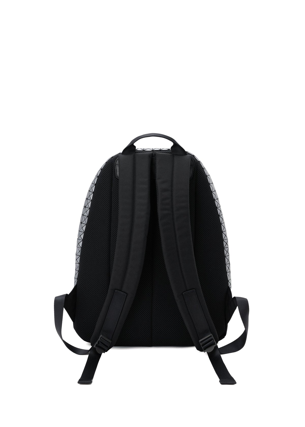 The BAO BAO ISSEY MIYAKE DAYPACK REFLECTOR is a black 3D backpack with two padded shoulder straps, a top handle, adjustable strap ends, and subtle geometric patterns on the sides. Shown from the back against a plain white background. view 3 of 7