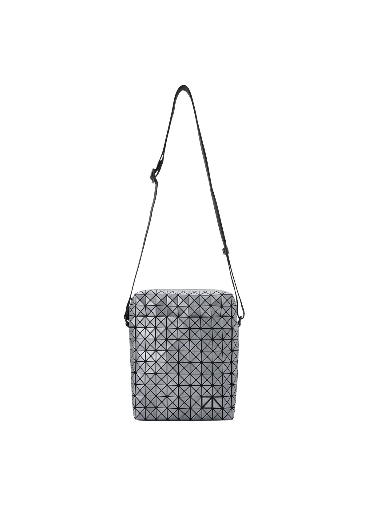 The BAO BAO ISSEY MIYAKE VOYAGER REFLECTOR is a silver reflective tote bag with a geometric pattern and adjustable black strap, shown against a plain white background. view 2 of 8