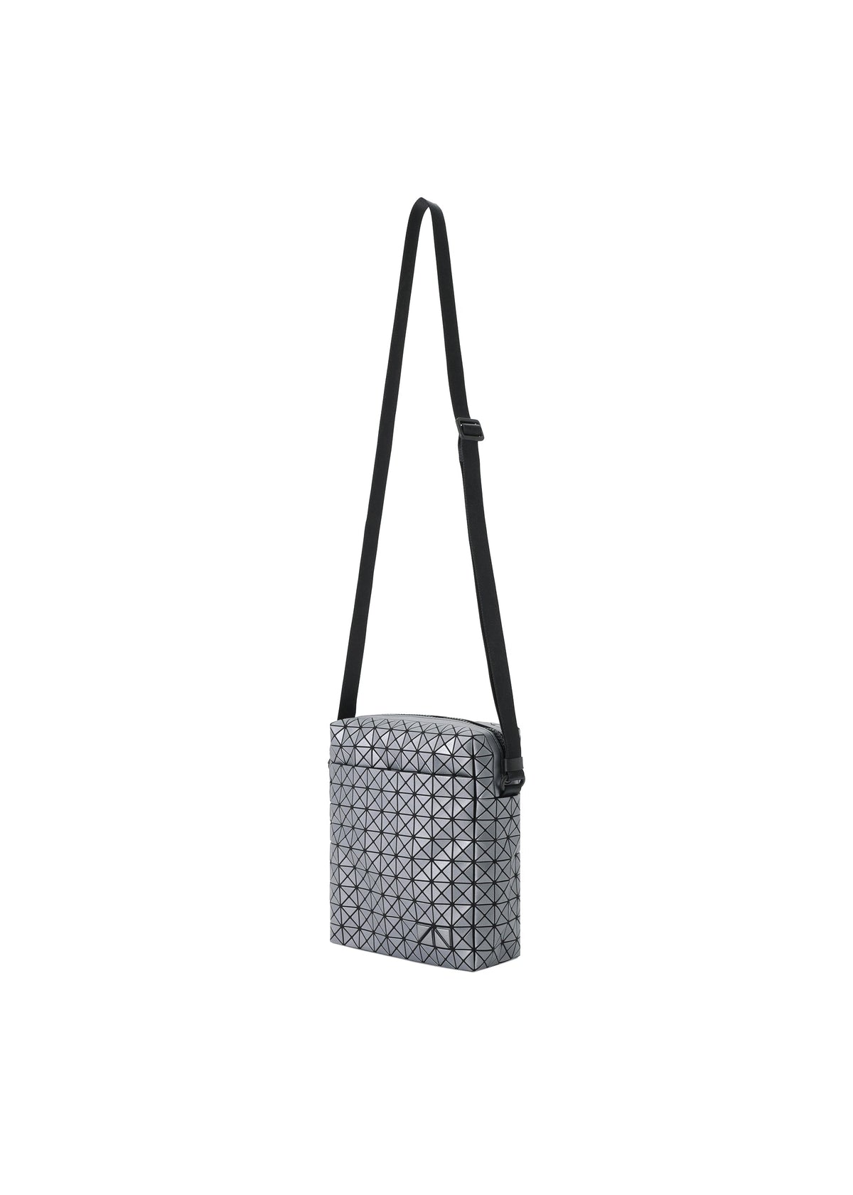 The VOYAGER REFLECTOR by BAO BAO ISSEY MIYAKE is a rectangular crossbody bag with a geometric triangular pattern, a long adjustable black strap, and zippered top, styled against a white background. view 3 of 8