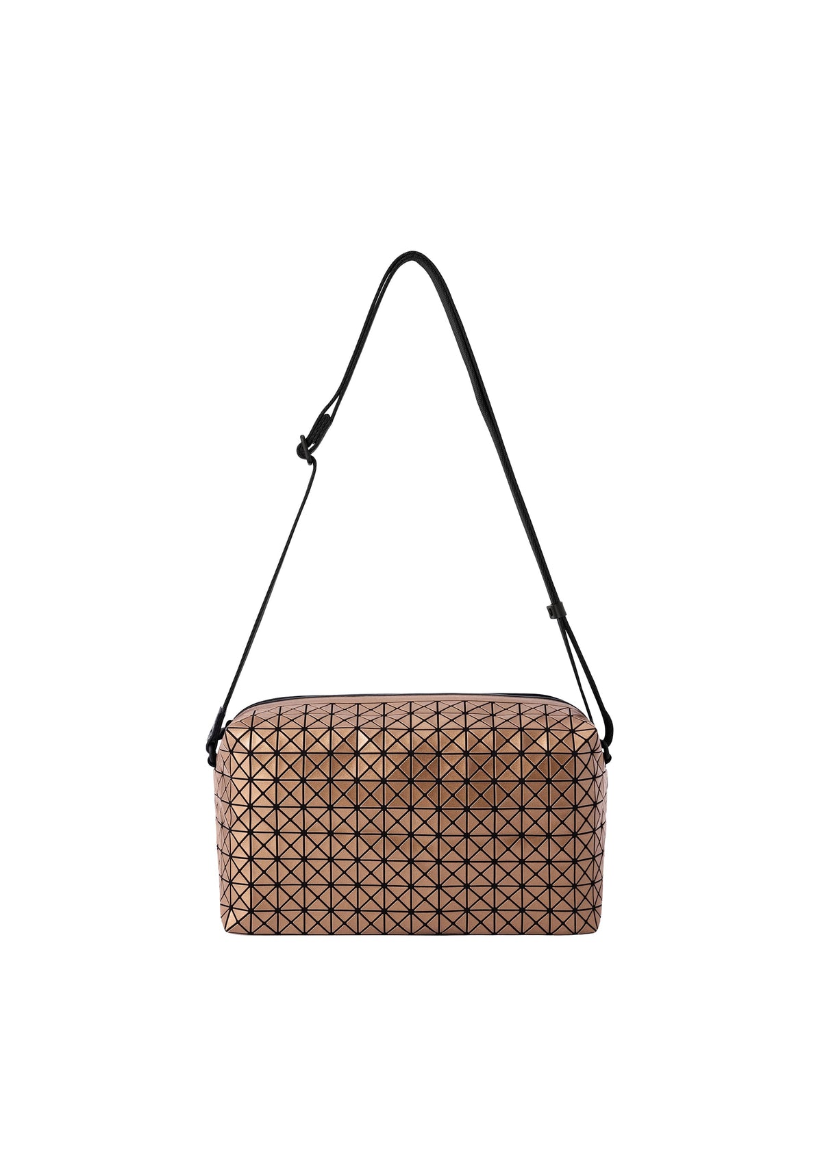 The BAO BAO ISSEY MIYAKE SADDLE BAG REFLECTOR is a metallic, box-shaped bag in copper with a black geometric triangle pattern and strap—a zippered, stylish, and practical accessory against a white background. view 1 of 8