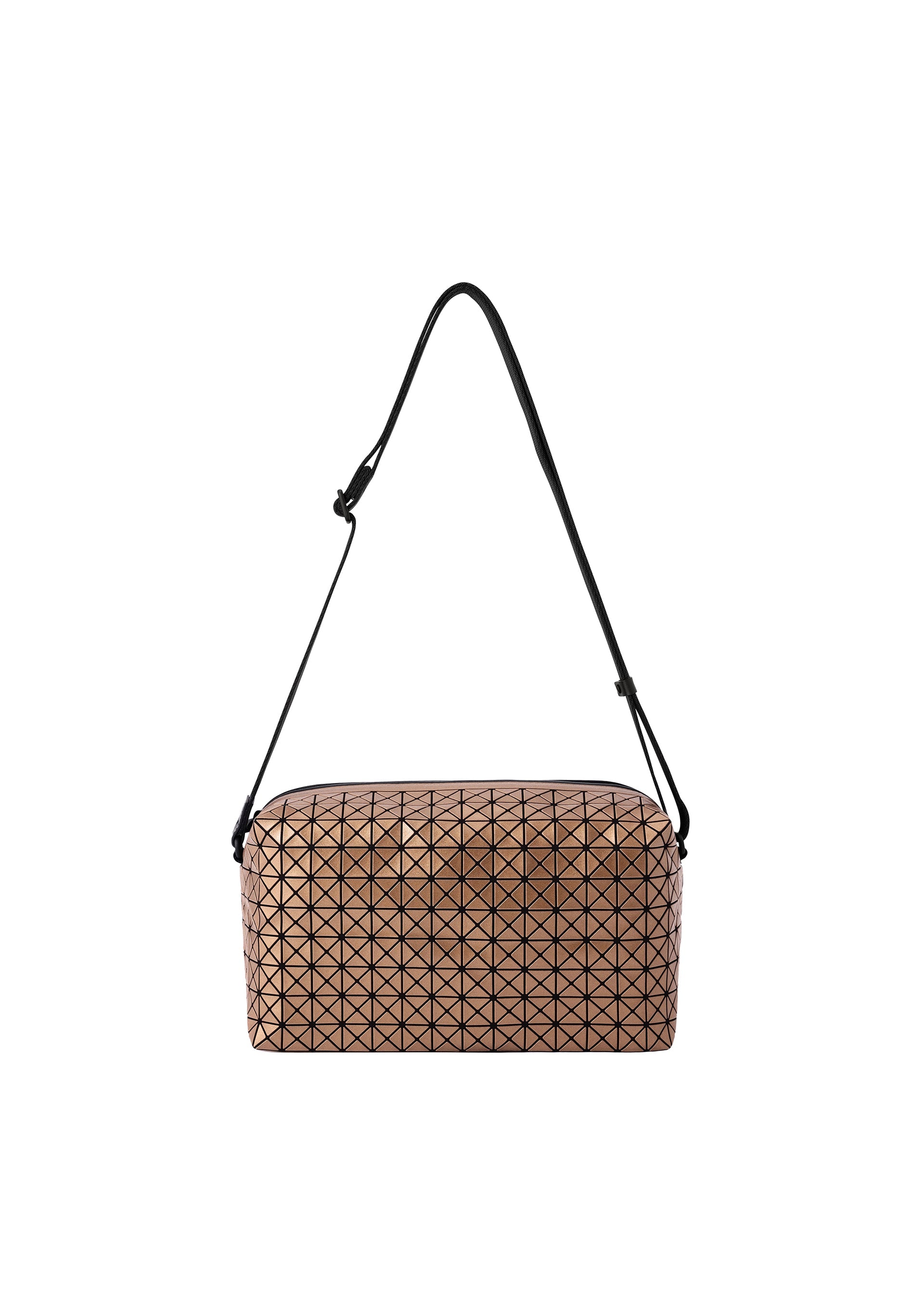 Zoomed view The BAO BAO ISSEY MIYAKE SADDLE BAG REFLECTOR is a metallic, box-shaped bag in copper with a black geometric triangle pattern and strap—a zippered, stylish, and practical accessory against a white background. - COPPER BROWN （no.39）