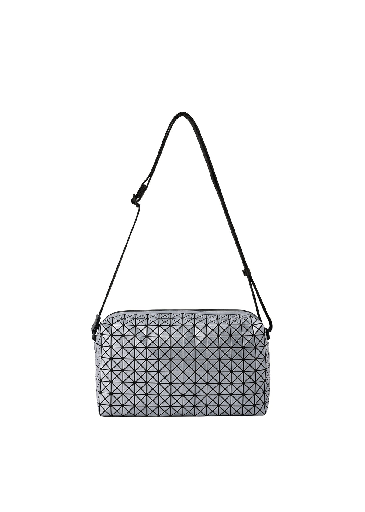 The SADDLE BAG REFLECTOR by BAO BAO ISSEY MIYAKE is a metallic, rectangular bag featuring a geometric triangular pattern, an adjustable black strap, and a monochrome design, shown against a plain white background. view 2 of 8