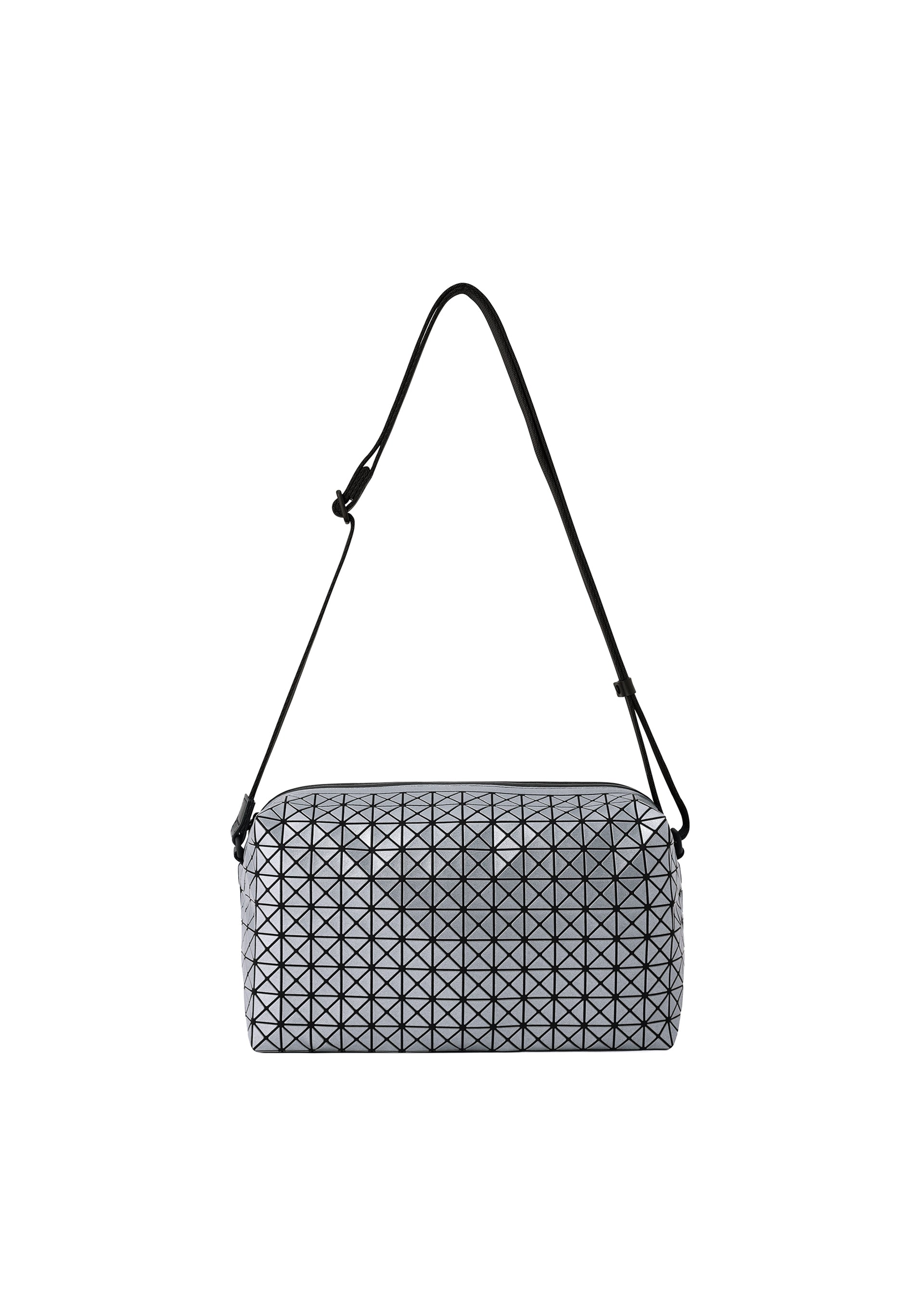 Zoomed view The SADDLE BAG REFLECTOR by BAO BAO ISSEY MIYAKE is a metallic, rectangular bag featuring a geometric triangular pattern, an adjustable black strap, and a monochrome design, shown against a plain white background. - GUNMETAL （no.94）