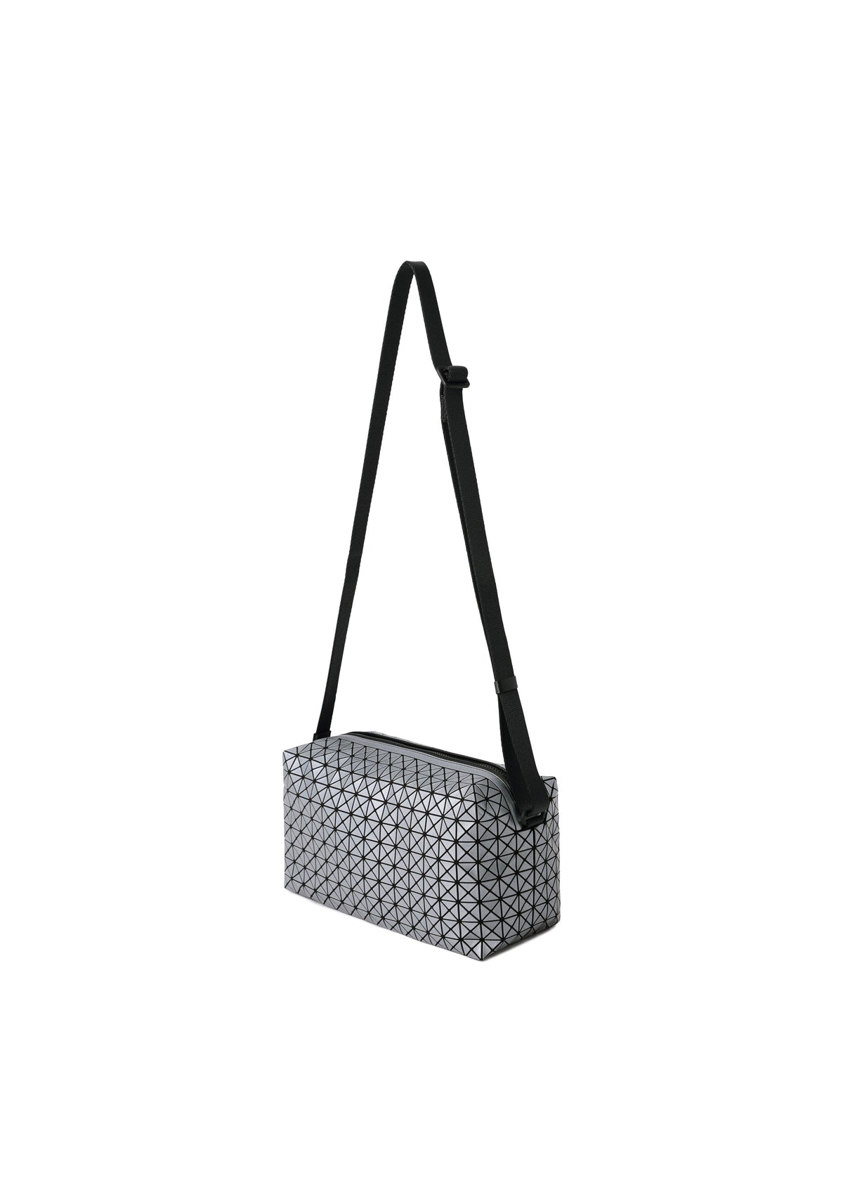 The SADDLE BAG REFLECTOR by BAO BAO ISSEY MIYAKE is a metallic, box-shaped crossbody bag with an adjustable black strap and a silver and black geometric triangular pattern, shown against a plain white background. view 3 of 8