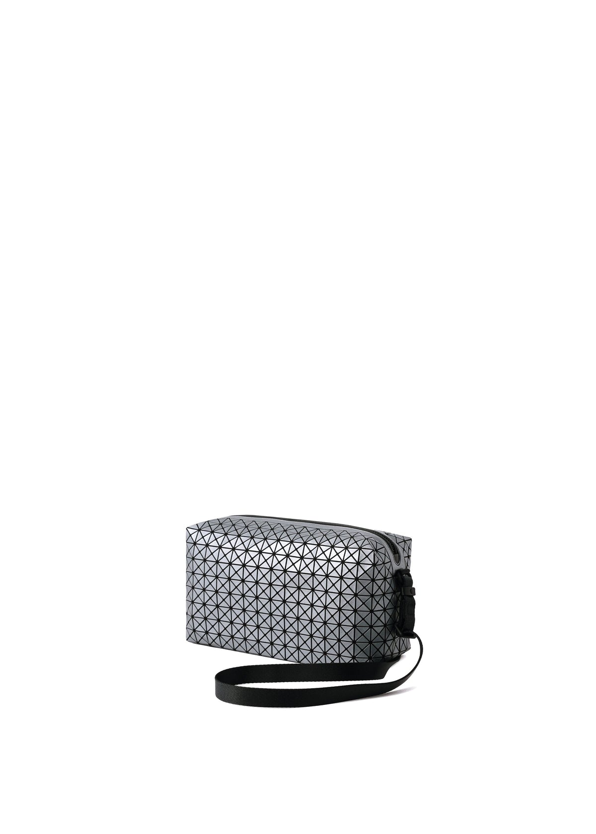 The SADDLE BAG REFLECTOR by BAO BAO ISSEY MIYAKE is a metallic rectangular crossbody bag with a silver geometric pattern and black strap, shown against a plain white background. view 4 of 8