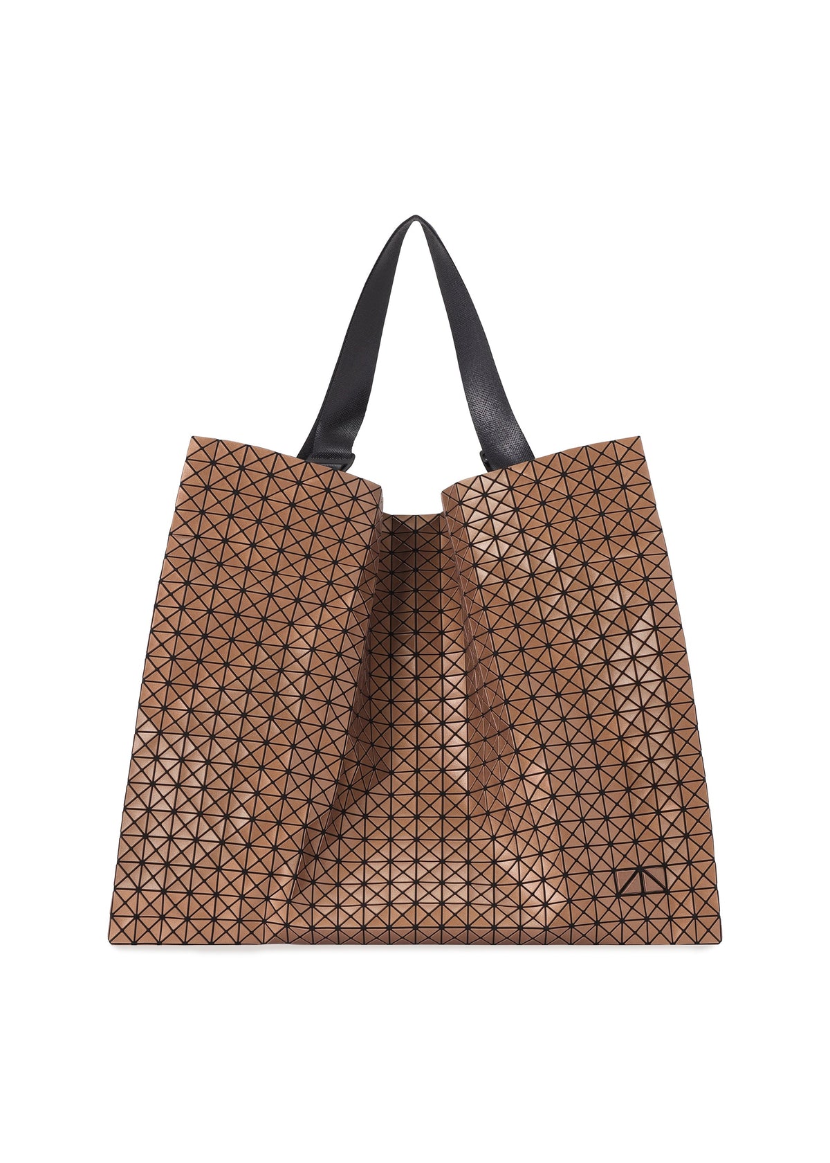 The BAO BAO ISSEY MIYAKE CART REFLECTOR is a brown geometric tote with small black triangle patterns, two black adjustable handles, shown against a white background. view 1 of 8