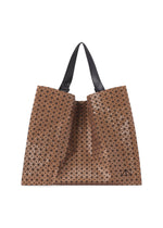 The BAO BAO ISSEY MIYAKE CART REFLECTOR is a brown geometric tote with small black triangle patterns, two black adjustable handles, shown against a white background. - COPPER BROWN （no.39）
