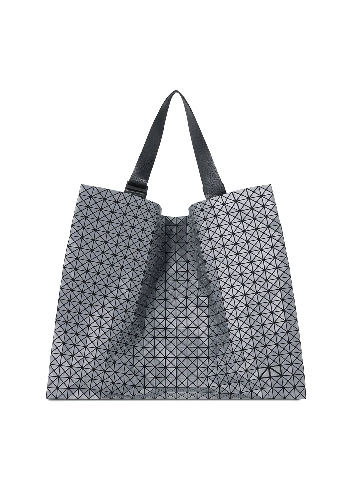 The CART REFLECTOR by BAO BAO ISSEY MIYAKE is a metallic tote bag featuring a geometric grid of black triangles on a silver background with two black shoulder straps. view 2 of 8