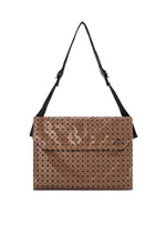 The BAO BAO ISSEY MIYAKE FROGGY REFLECTOR is a brown geometric shoulder bag with a black triangle grid, fold-over flap, and adjustable strap, shown against a white background. - COPPER BROWN （no.39）