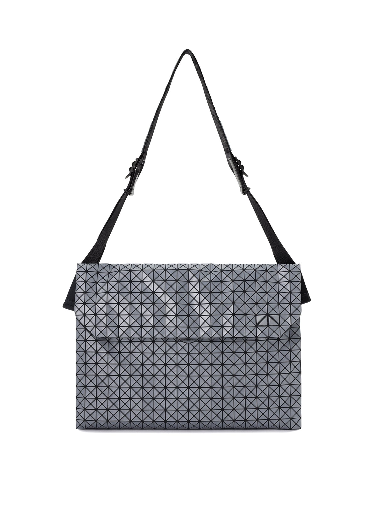 The FROGGY REFLECTOR by BAO BAO ISSEY MIYAKE is a gray geometric shoulder bag with a black strap, featuring a grid of small triangles, rectangular shape, fold-over flap closure, and spacious storage capacity. view 2 of 8