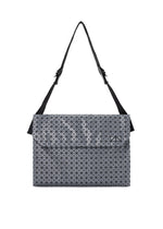 The FROGGY REFLECTOR by BAO BAO ISSEY MIYAKE is a gray geometric shoulder bag with a black strap, featuring a grid of small triangles, rectangular shape, fold-over flap closure, and spacious storage capacity. - GUNMETAL （no.94）