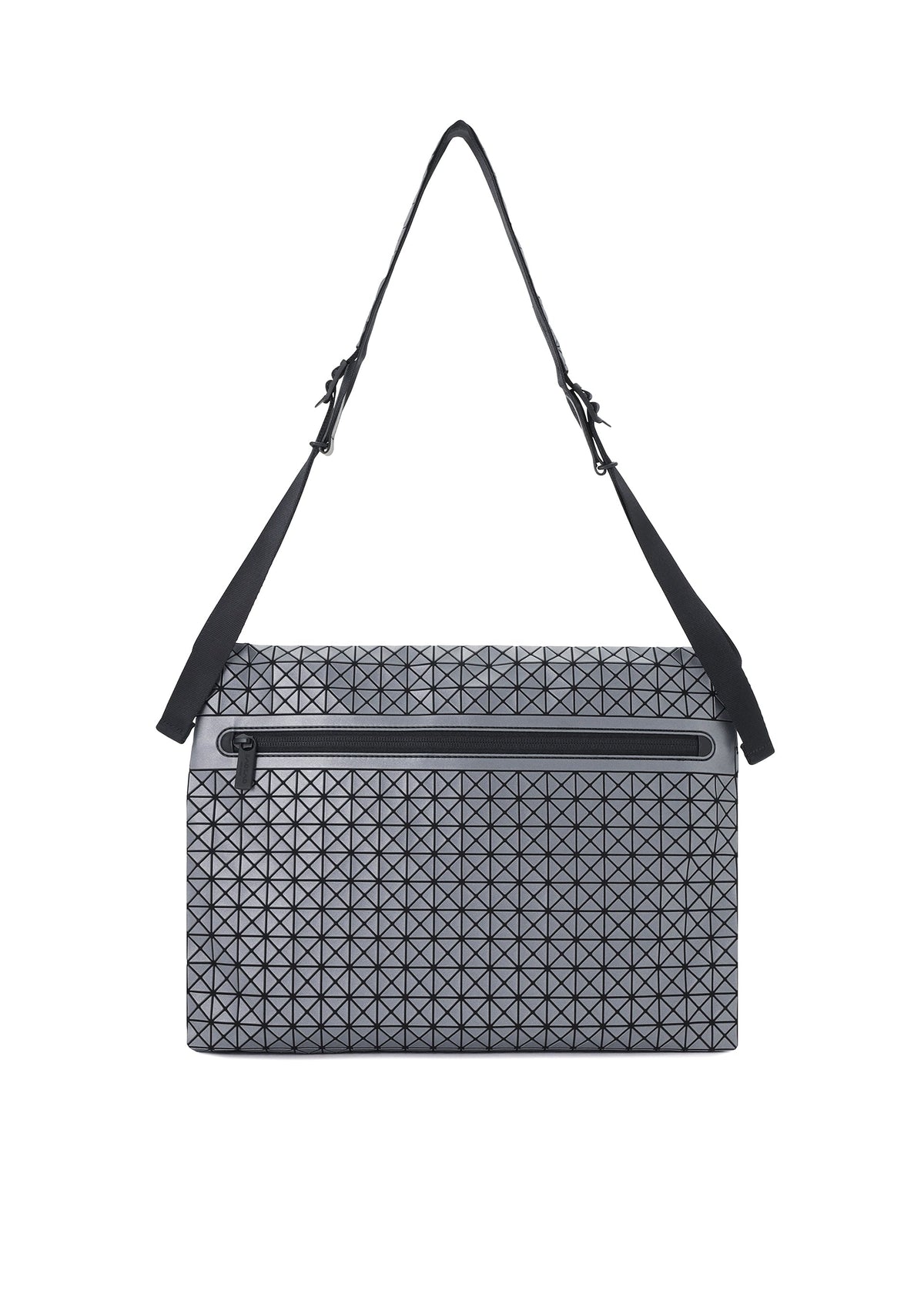 The FROGGY REFLECTOR by BAO BAO ISSEY MIYAKE is a grey, rectangular messenger bag with a geometric pattern, large storage capacity, black adjustable shoulder strap, and front zippered pocket, shown on a white background. view 4 of 8