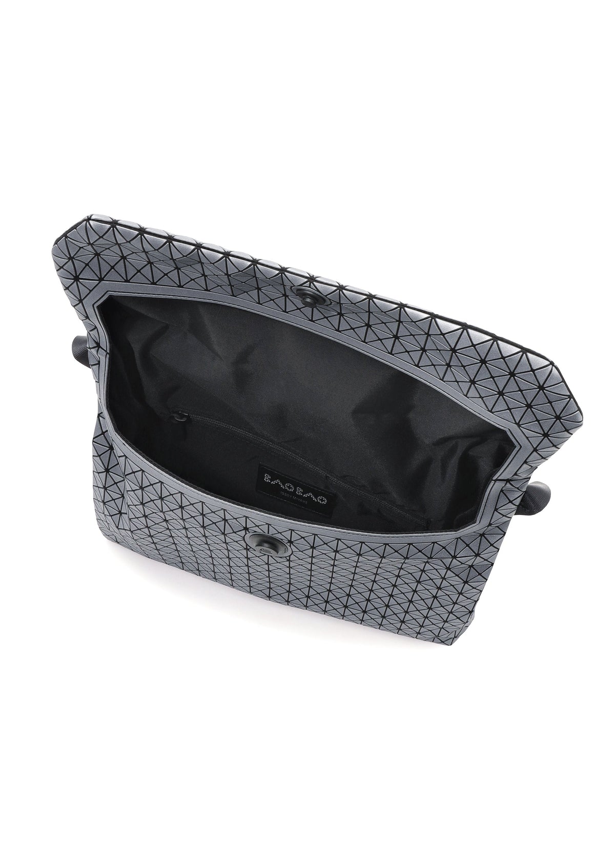 The FROGGY REFLECTOR by BAO BAO ISSEY MIYAKE is a geometric-patterned clutch in grey and black with a spacious black interior, zippered pocket, large storage capacity, and an inner Bao Bao label. view 5 of 8