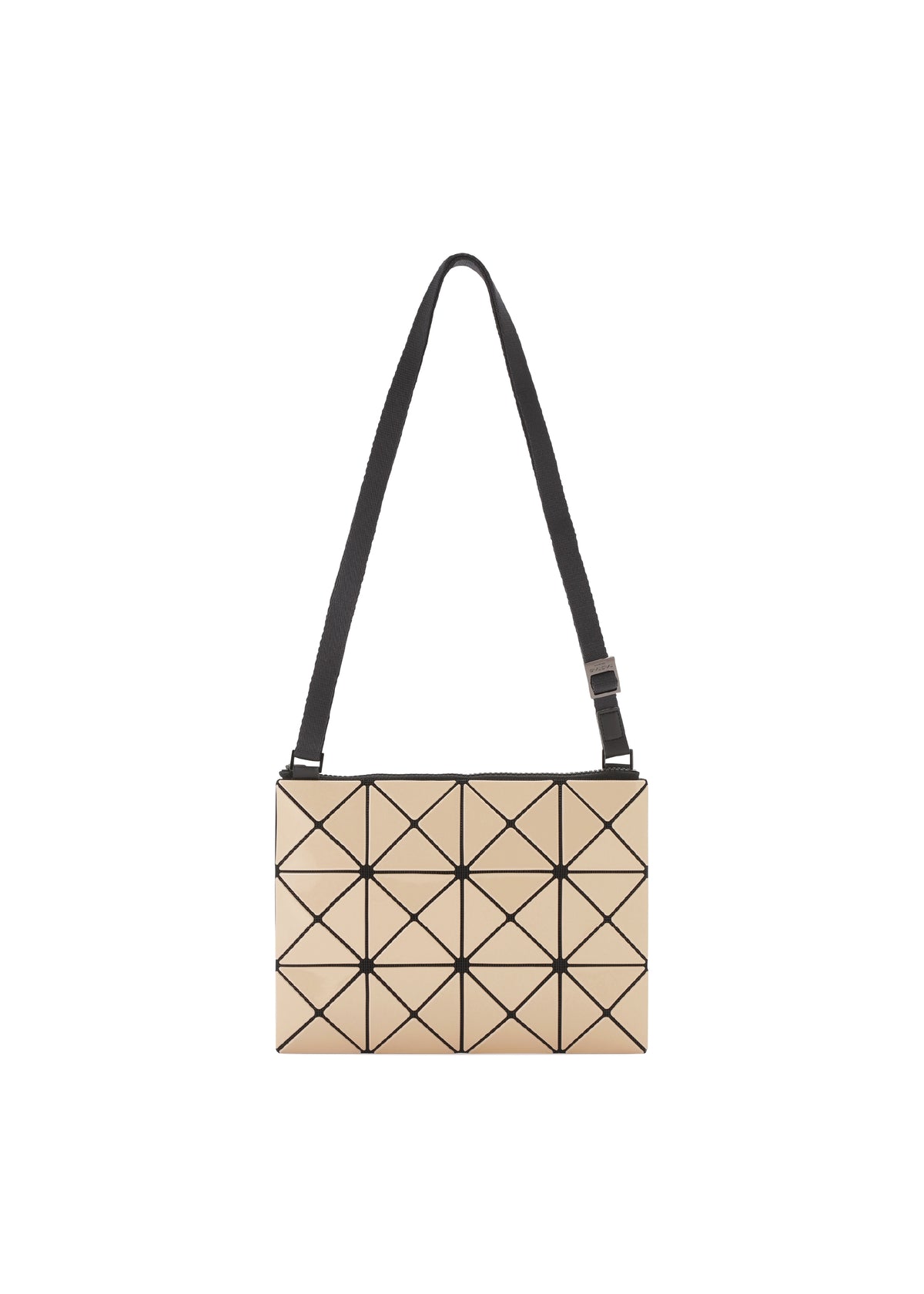 Beige LUCENT GLOSS shoulder bag by BAO BAO ISSEY MIYAKE featuring a geometric grid pattern of triangular panels and an adjustable black strap. view 2 of 6