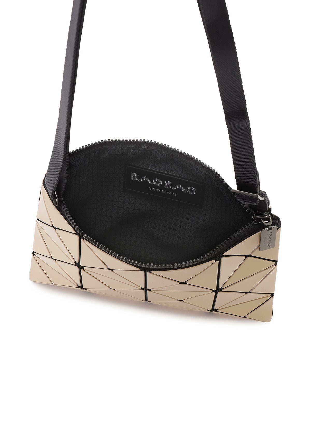 A small, rectangular cream-colored LUCENT GLOSS shoulder bag made of triangular tiles, shown open to reveal a black interior with a zipper closure and a thin black strap. view 5 of 6