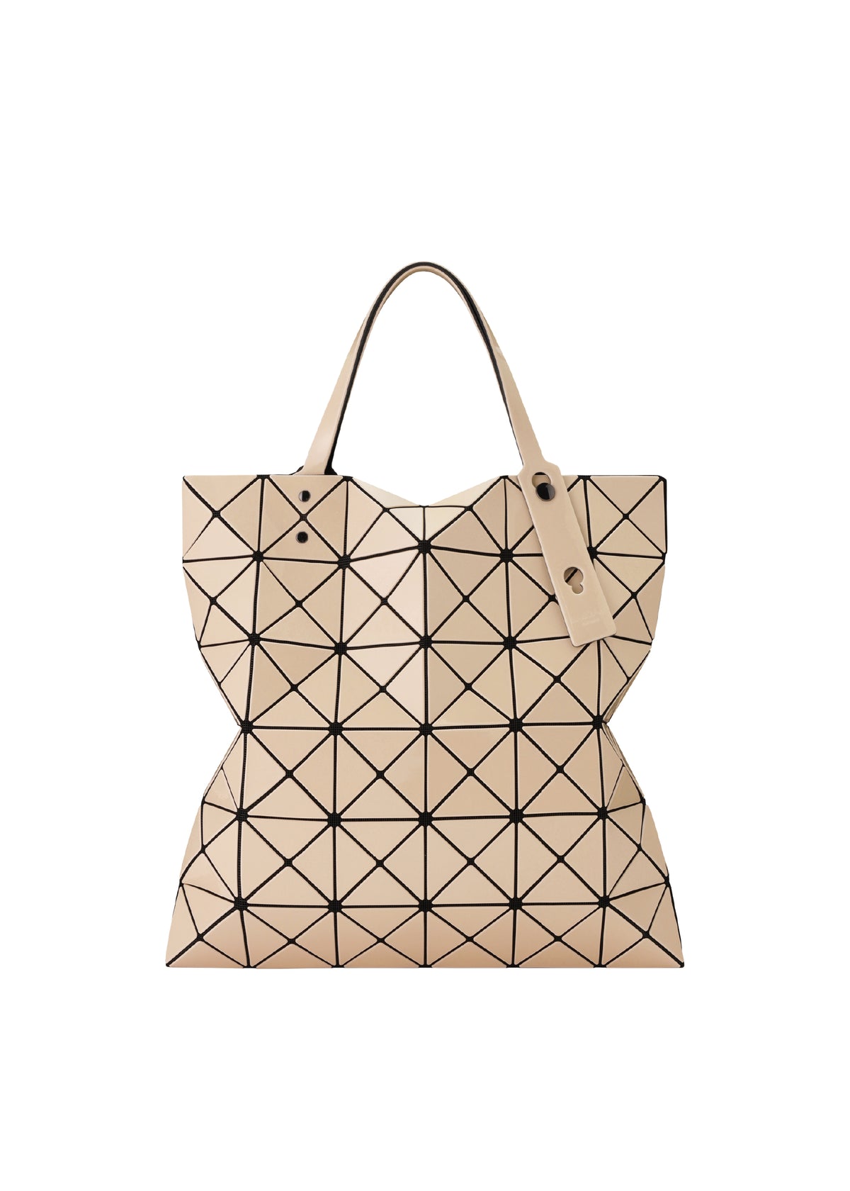 Beige LUCENT GLOSS tote bag by BAO BAO ISSEY MIYAKE featuring a geometric lattice pattern made of triangular panels. view 1 of 6