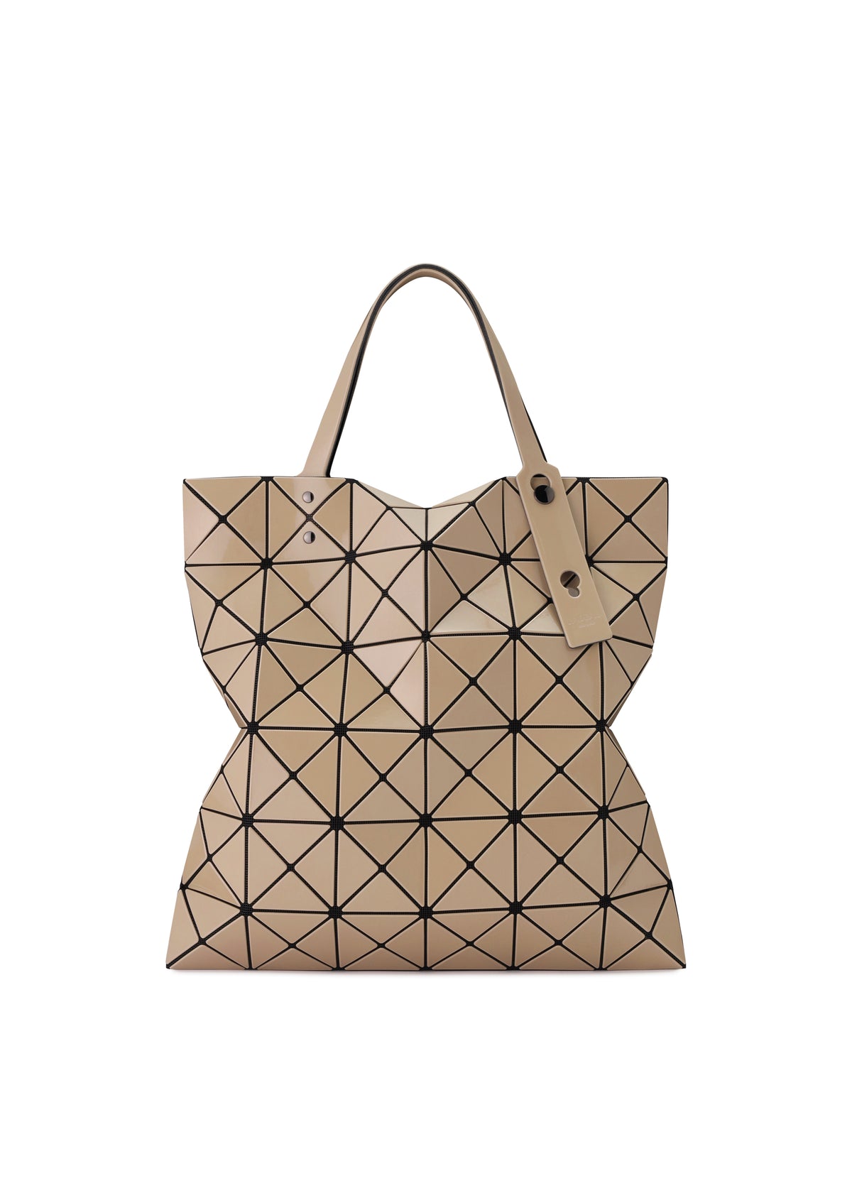 Zoomed view A beige LUCENT GLOSS tote bag by BAO BAO ISSEY MIYAKE with a geometric triangular-grid exterior and two shoulder straps. - MOCHA（no.46）